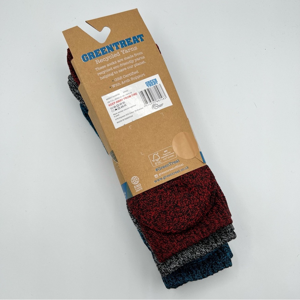 Green Treat Recycled Yarns Blue Grey Red 3 Pairs Outdoor Socks Men’s 8-12 - Picture 5 of 6